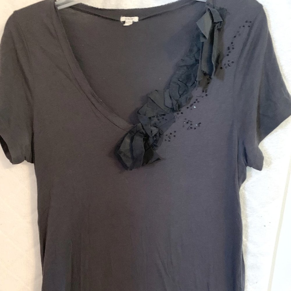 J Crew Women's black cotton top with decorative neckline silk L